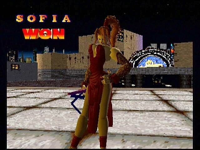 Battle Arena Toshinden 2 (PlayStation) screenshot: You've been a bad boy. Sophia taunts her defeated opponent.