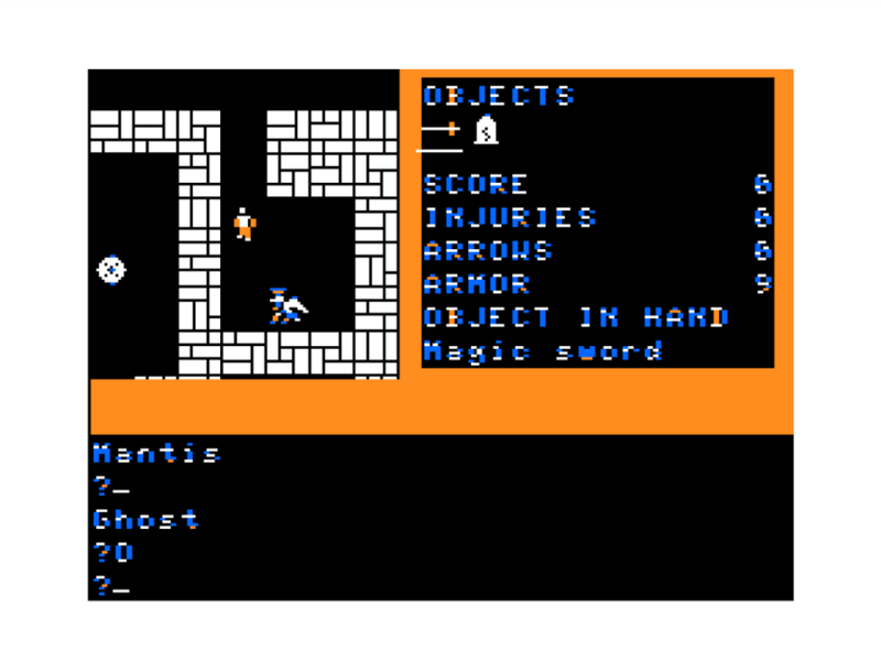 Dungeon Quest (TRS-80 CoCo) screenshot: A Mantis Approaches