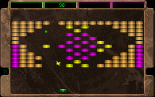 Break It (DOS) screenshot: That yellow swirly thing is one of the bonuses.