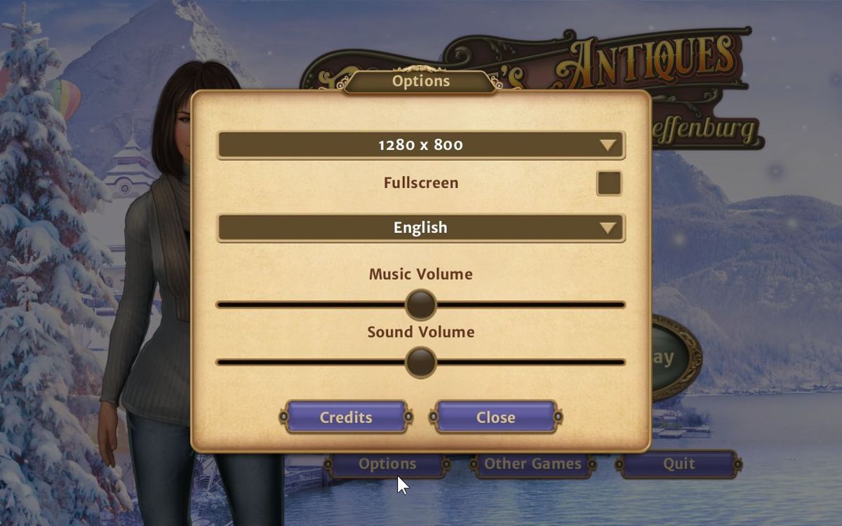 Faircroft's Antiques: Treasures of Treffenburg (Windows) screenshot: The in game configuration options. The game plays in windowed or full screen modes plus many resolutions<br><br>Big Fish demo