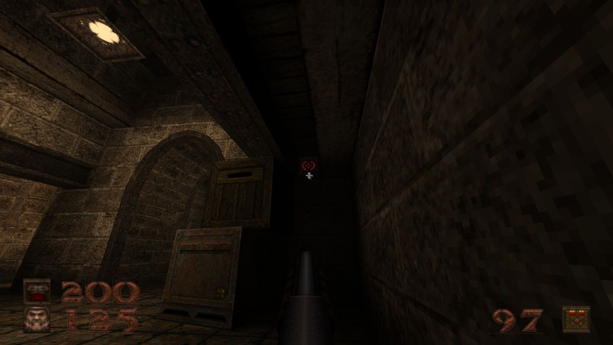 Quake (Windows) screenshot: <i>Dimension of the Machine</i>: locating secrets often involves shooting hidden switches such as this one.