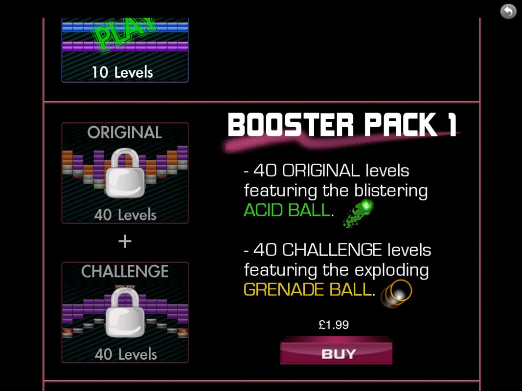 Breakout: Boost (iPad) screenshot: Additional levels can be unlocked with in-app purchases