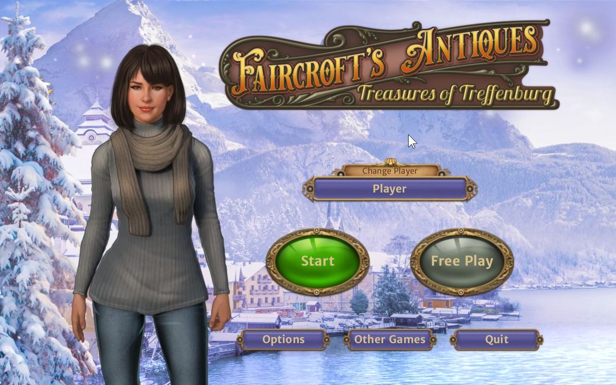 Faircroft's Antiques: Treasures of Treffenburg (Windows) screenshot: The title screen and main menu. Free play is locked until the game has been completed.<br><br>Big Fish demo