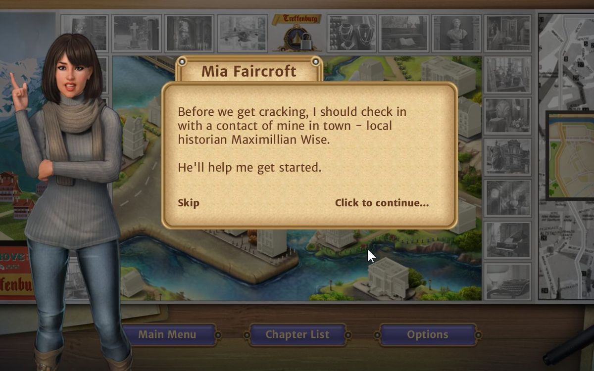 Faircroft's Antiques: Treasures of Treffenburg (Windows) screenshot: This is Mia Faircroft, The game has many dialogue storyboards like this to advance the plot<br><br>Big Fish demo