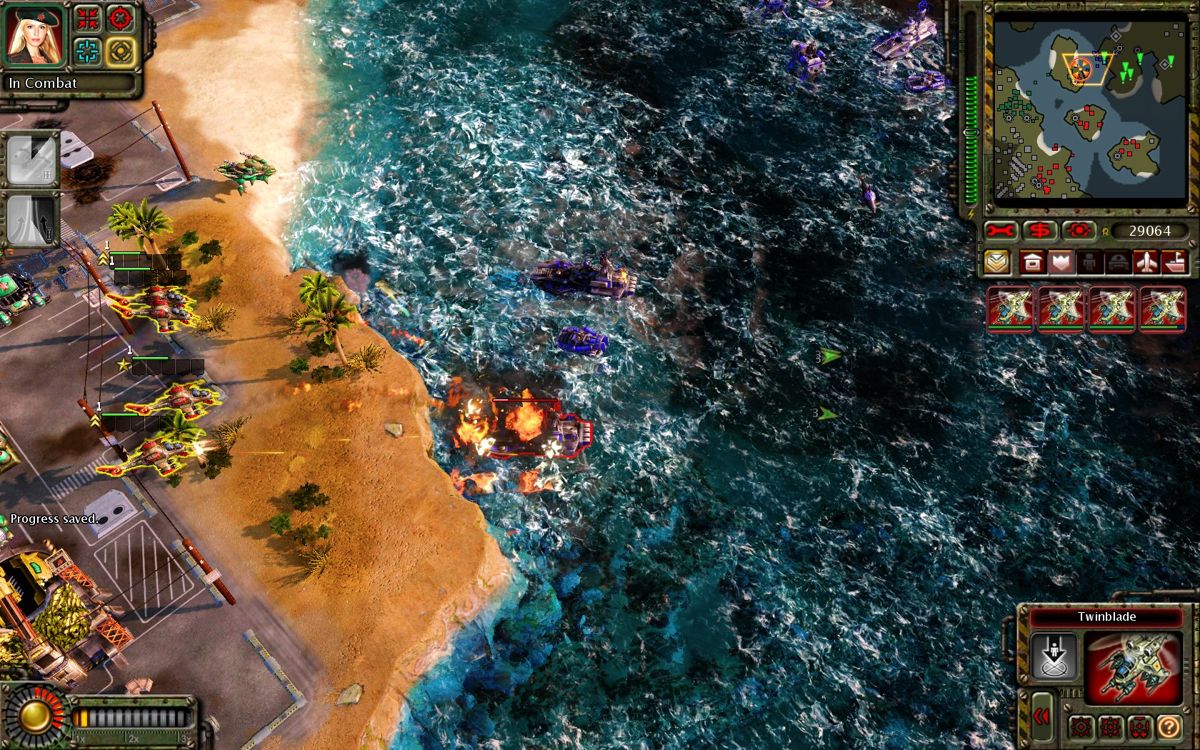 Command & Conquer: Red Alert 3 (Windows) screenshot: Taking enemy amphibious tanks with helicopters