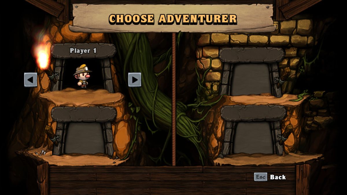 Spelunky (Windows) screenshot: Selecting your character. Up to 4 players can play co-op in the same screen.