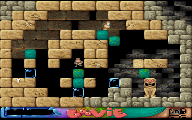 Boovie (DOS) screenshot: Level 17 - Pushed a heavy green block over the edge