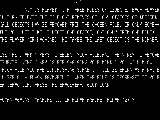 Nim (TRS-80) screenshot: Instructions