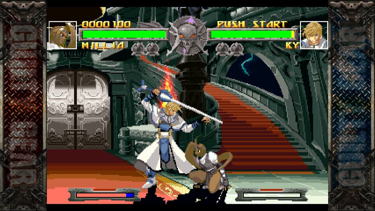 Guilty Gear (Windows) screenshot: Millia vs Ky, hairs vs sword