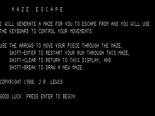 Maze Escape (TRS-80) screenshot: Instructions