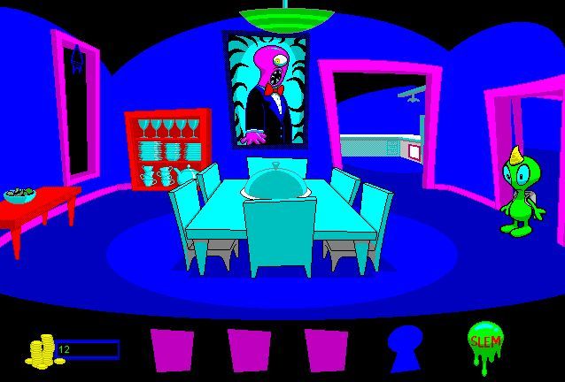 Math Blaster Mystery: The Great Brain Robbery (Windows 3.x) screenshot: The dining room - most objects animate when touched. Some give out money as in the hall. In the window-sill hangs a bat.