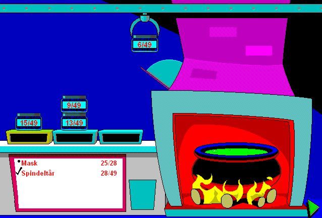 Math Blaster Mystery: The Great Brain Robbery (Windows 3.x) screenshot: When the correct amount is on one scale, you can push a button to tip the content into the cauldron, like here. We have added Worms and Spider-toes to the brew now.