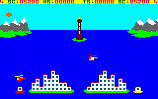 Catastrophes (Amstrad CPC) screenshot: Start of game. The computer is controlling the red helicopter.