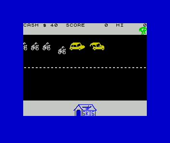 Horace Goes Skiing (ZX Spectrum) screenshot: Starting position, note the Ski shop at the bottom