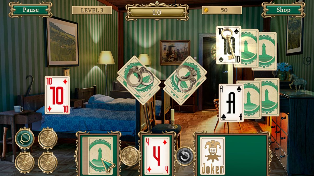 Detective Notes: Lighthouse Mystery Solitaire (Windows) screenshot: The key on the ten of spades will unlock/reveal the cards beneath the handcuffs but the ten of spades has to be played first