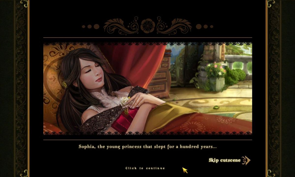 Awakening: Moonfell Wood (Windows) screenshot: The game begins with several storyboards outlining the story. Sophia has slept for a hundred years and when she awakes there's no-one around<br><br>Big Fish demo