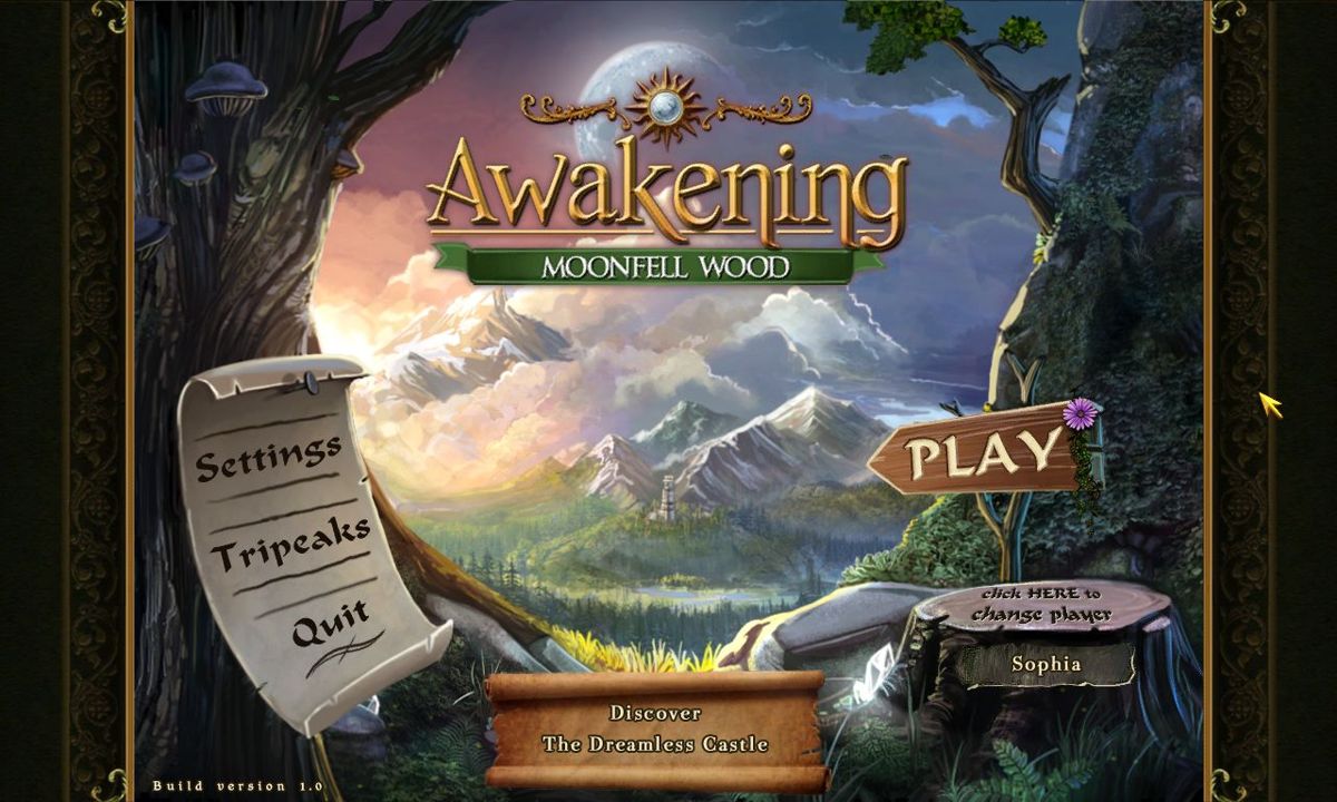 Awakening: Moonfell Wood (Windows) screenshot: The menu screen. Tripeaks isn't available until the game is finished. The Dreamless Castle is a short advert for the next game in the series. Sophia is the default player id.<br><br>Big Fish demo