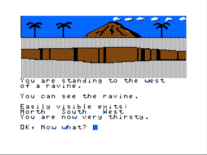 Blackbeard's Island (TRS-80 CoCo) screenshot: The Volcano Puffs Smoke