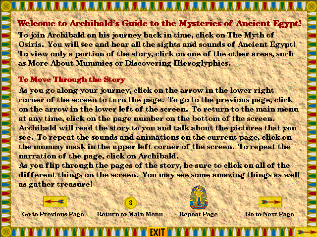 Archibald's Guide to the Mysteries of Ancient Egypt (Windows 16-bit) screenshot: The instructions