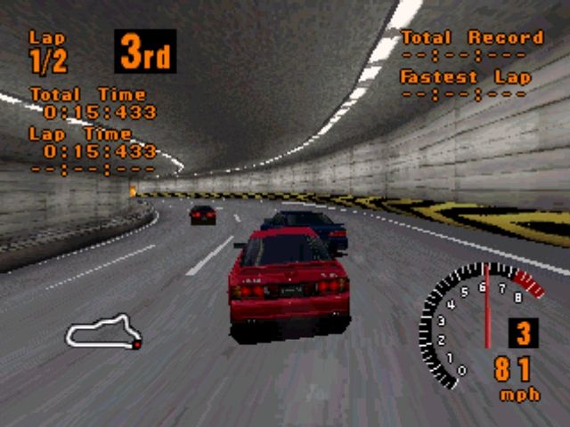 Gran Turismo (PlayStation) screenshot: Over the river and through some tunnels... Gran Turismo tracks cover a number of different sceneries.