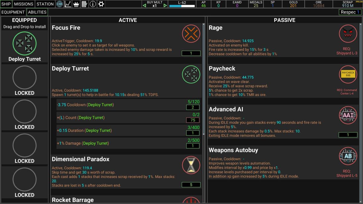 Idle Space Raider (Windows) screenshot: Abilities screen