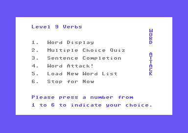 Word Attack! (Commodore 64) screenshot: Main Menu