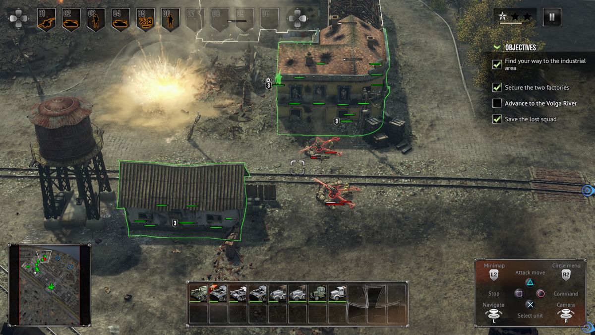 Sudden Strike 4 (PlayStation 4) screenshot: Placing the infantry in buildings will provide cover from enemy artillery emplacements