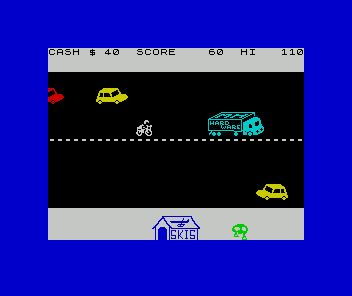 Horace Goes Skiing (ZX Spectrum) screenshot: HEading for the shop - notice that the traffic is two-laned