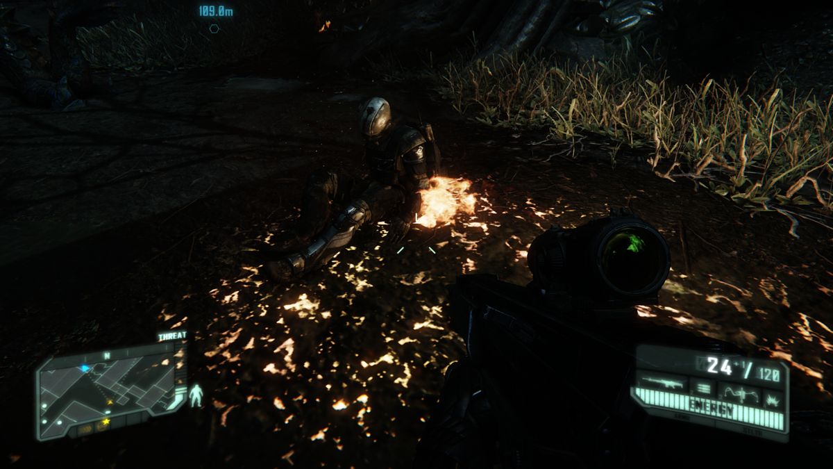 Crysis 3 (Hunter Edition) (Windows) screenshot: Crisp roast enemy soldier.
