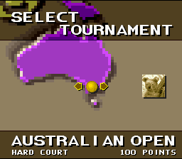 Jimmy Connors Pro Tennis Tour (SNES) screenshot: Selecting a tournament