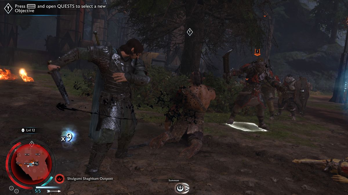 Middle-earth: Shadow of War (PlayStation 4) screenshot: Enemy captain doesn't like me taking out his soldiers