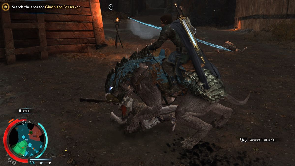 Middle-earth: Shadow of War (PlayStation 4) screenshot: Performing a stealth kill with a caragor