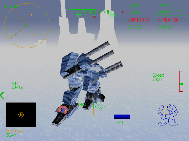 MechWarrior 2: Mercenaries (Windows) screenshot: It's almost impossible to see anything in this god damn snow ... and even harder to hit anything from this camera angle