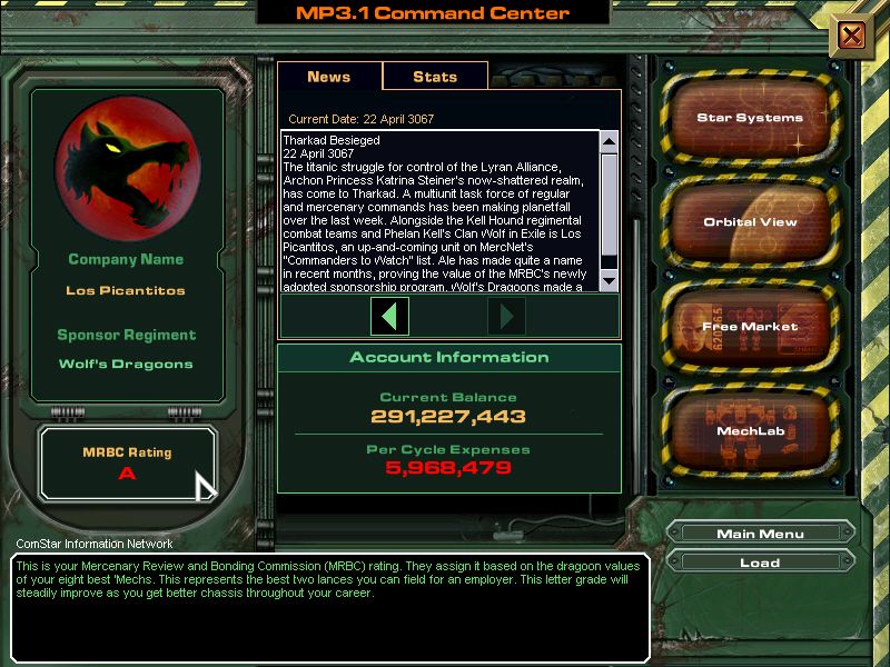 MechWarrior 4: Mercenaries (Windows) screenshot: Your campaign command center: check out your stats, news and organize your forces for the next mission.