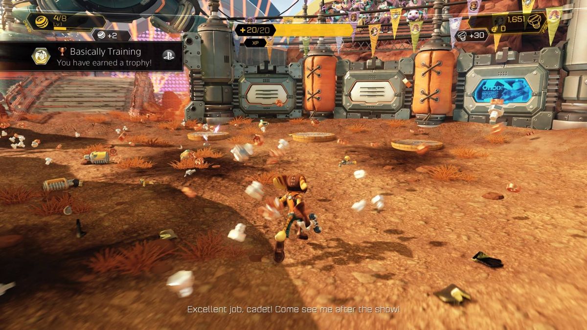 Ratchet & Clank (PlayStation 4) screenshot: Ratchet completing the Galactic Ranger qualification course.