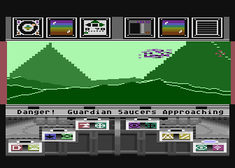 Koronis Rift (Atari 8-bit) screenshot: A purple guardian saucer disintegrates from a killing shot.