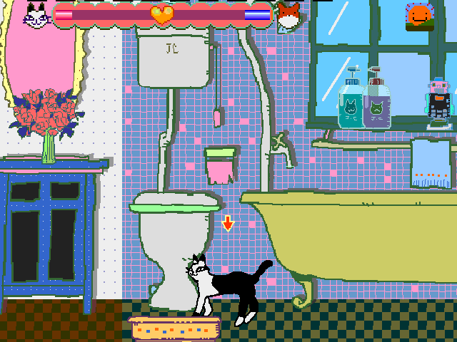 Ai to Yūjou no Neko Monogatari: Jingle Cats - Love Para Daisakusen no Maki (Macintosh) screenshot: Graymer's hanging out in the bathroom.