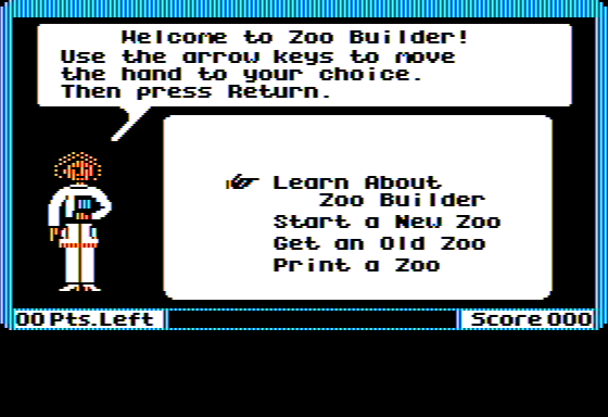 Zoo Builder (Apple II) screenshot: Main Menu