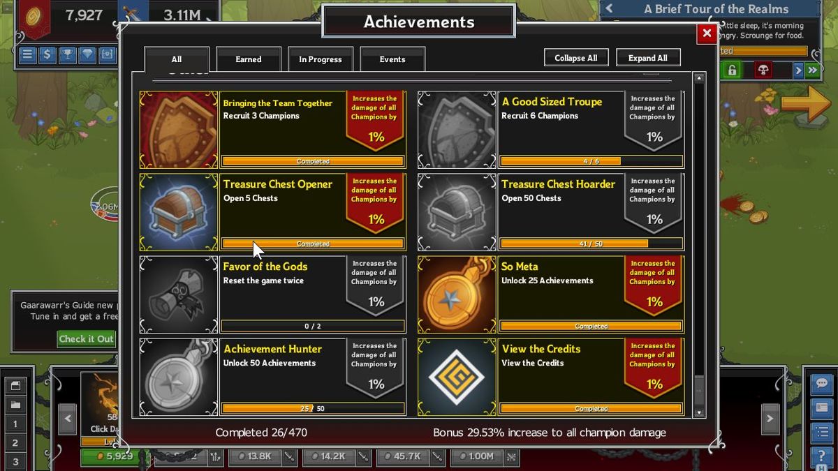 Idle Champions of the Forgotten Realms (Windows) screenshot: The in-game achievements screen