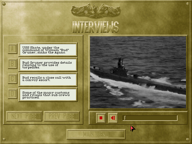 Silent Hunter (DOS) screenshot: The museum - there were some videos with interviews of a real WWII sub captain