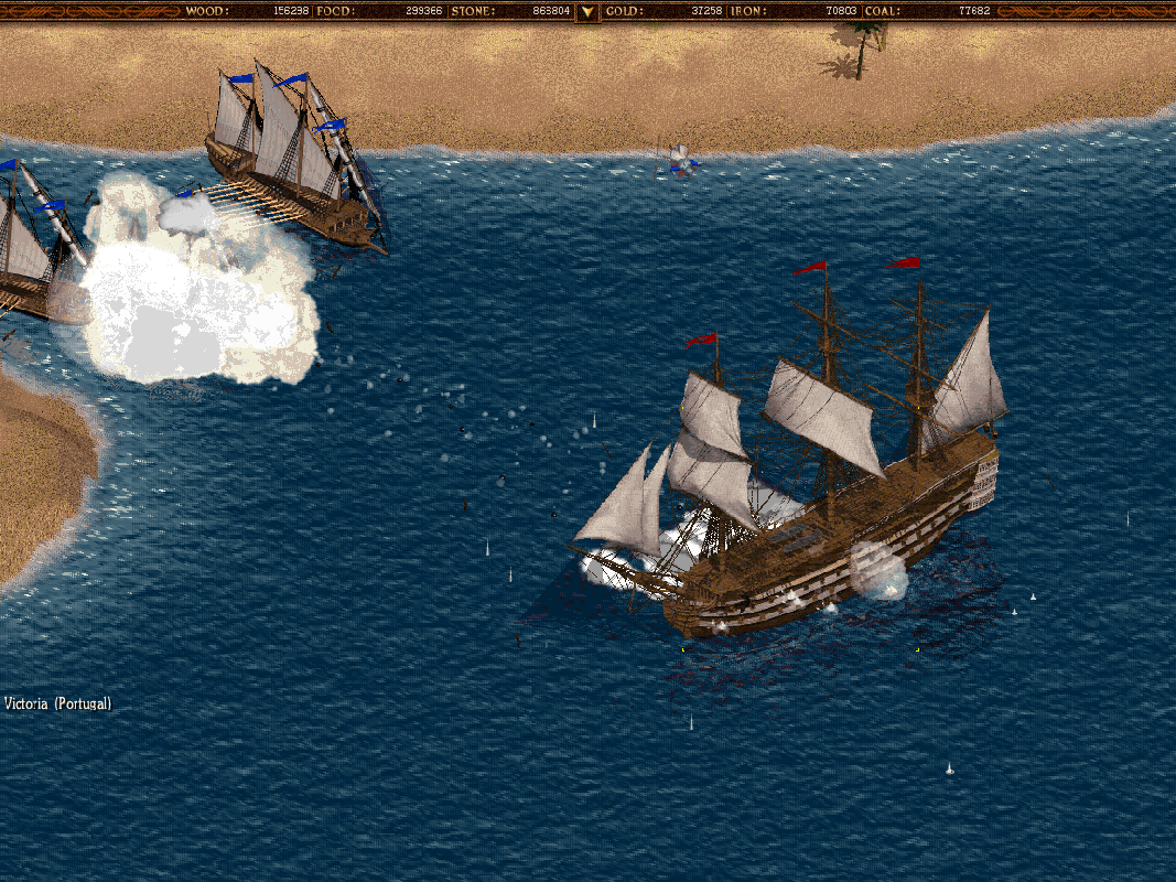 Cossacks: Back to War (Windows) screenshot: The Victoria is the mightiest ship in the game. Those galleys don't stand a chance.
