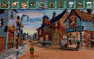 Curse of Enchantia (Amiga) screenshot: In town. The command bar is open at the top of the screen.