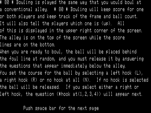 Bowling (TRS-80) screenshot: Instructions