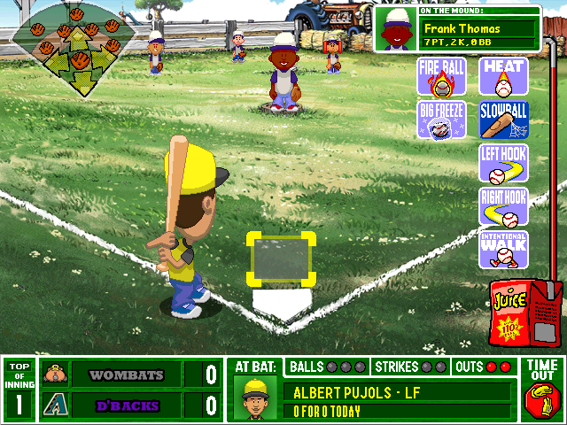 Backyard Baseball 2003 (Windows) screenshot: Already the first two outs are strikeouts, netting me two power-ups.