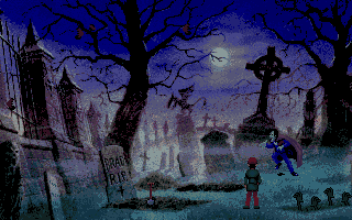 Curse of Enchantia (Amiga) screenshot: Dracula coming to dine on Brad in creepy cemetery.