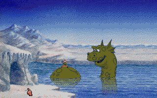 Curse of Enchantia (Amiga) screenshot: A large friendly "Loch Ness" monster.