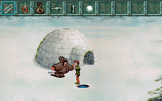 Curse of Enchantia (Amiga) screenshot: The Eskimo in front of his igloo and opened inventory.