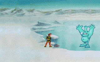 Curse of Enchantia (Amiga) screenshot: Throwing snowballs at fierce, easily angered troll.