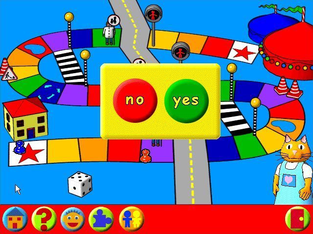 Learning Land 3: At The Funfair (Windows) screenshot: The Stop, look, listen! game is a dice game for two players but it's OK to play both sided yourself if there's no-one around right now. Yes/No questions are asked when a player reaches a road