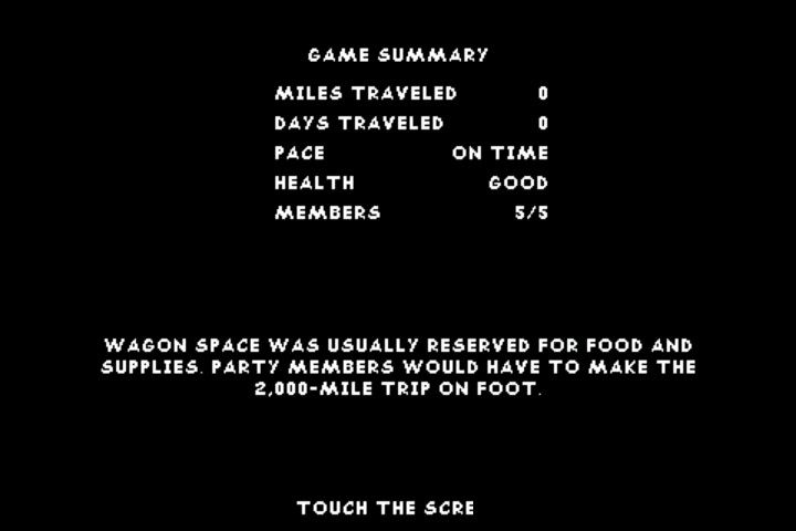 The Oregon Trail (Android) screenshot: Game summary at the start of the first day - not much achieved yet.